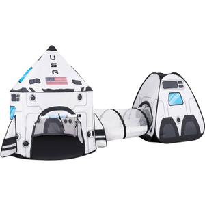 JOYIN White Rocket Ship Pop up Play Tent with Tunnel and Playhouse Kids Indoor Outdoor Spaceship Tent Set, 111.2 Inches X 41.5 Inches X 54 Inches