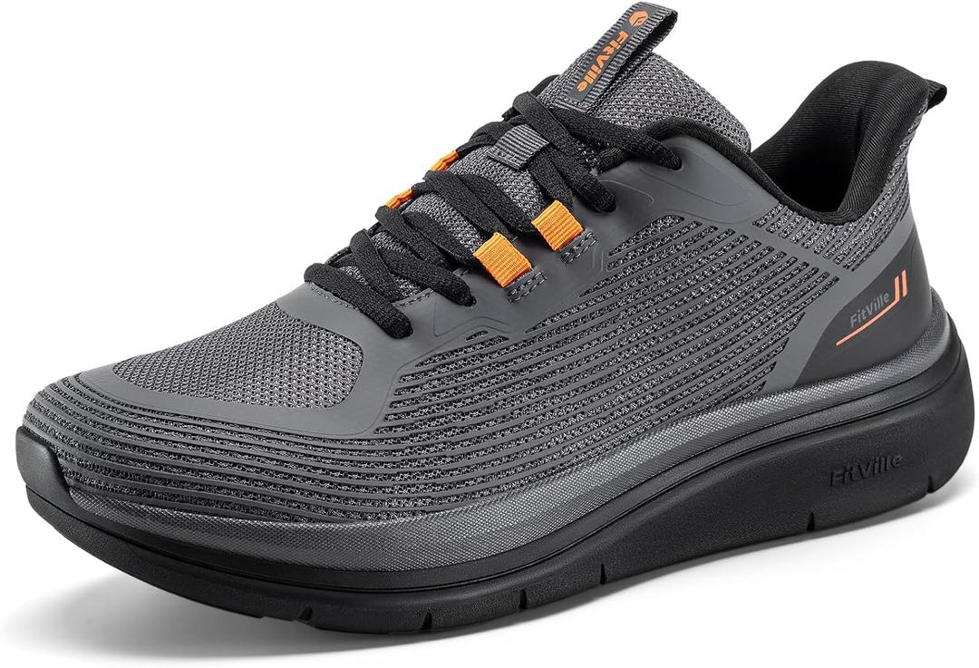 FitVille Mens Walking Shoes Wide Width Lightweight Cushioned Workout Sneakers Pain Relief (9 X-Wide, Black Gray)