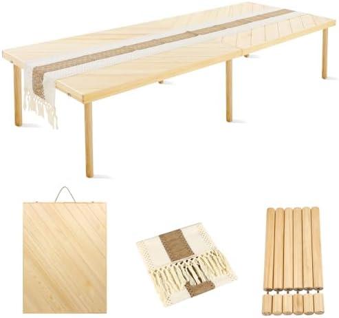 Folding Picnic Table with Table Runner, Portable Boho Low Picnic Table for Indoor Outdoor, 80" x 30" Wooden Table with Adjustable Heights for Camping, Wedding, Beach, Garden, Party (Large Size for 8)