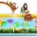 Inflatable Play Center, Inflatable Swimming Pool with Slide, Cartoon Animals Sprinker Toy with Base Pool, Monkey, Tree Stump for Garden Backyard