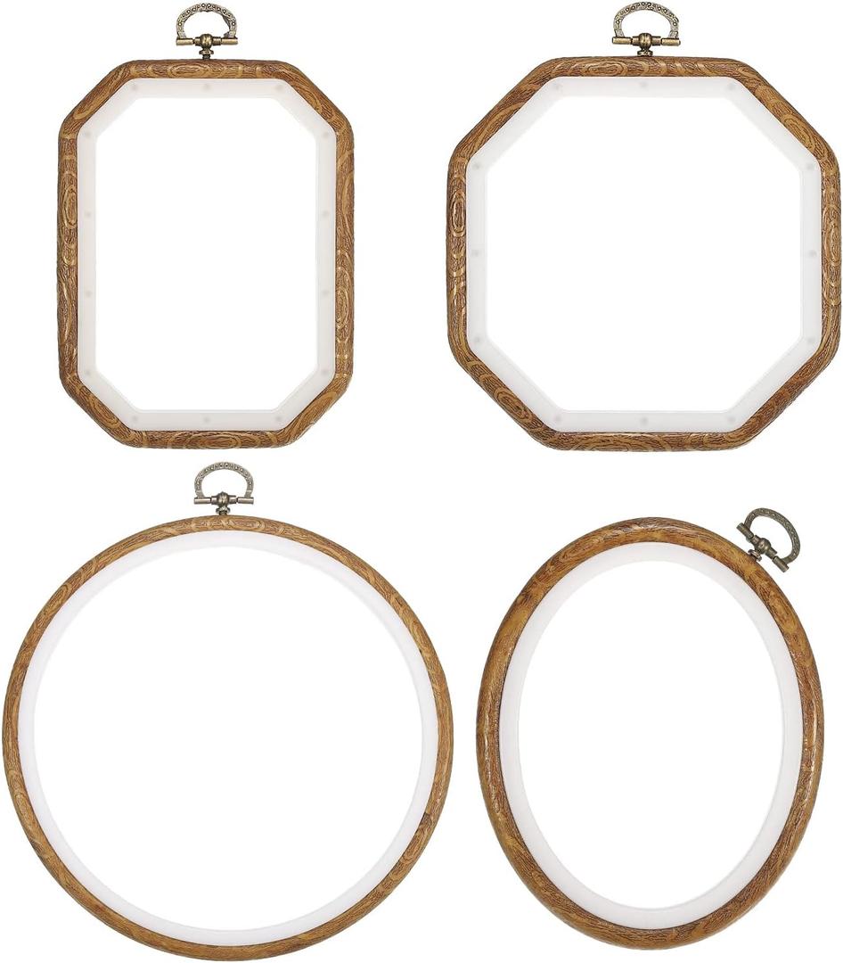 PATIKIL 4 Pieces Embroidery Hoops Set Imitated Wood Frame Circle Oval Rectangular Octagonal Cross Stitch Hoop Ring for Embroidery Art Craft Handy Sewing Decor