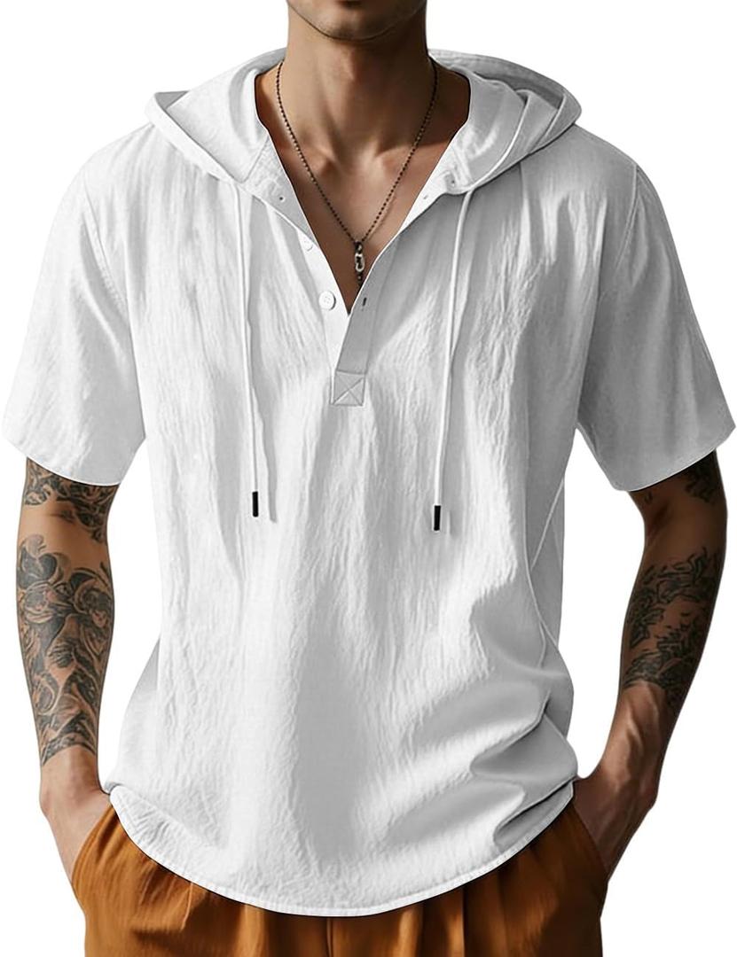 Men's Cotton Linen Shirts Short Sleeve Casual Button Down Hoodies Summer Hawaiian Beach Top with Drawstring (White, XL)