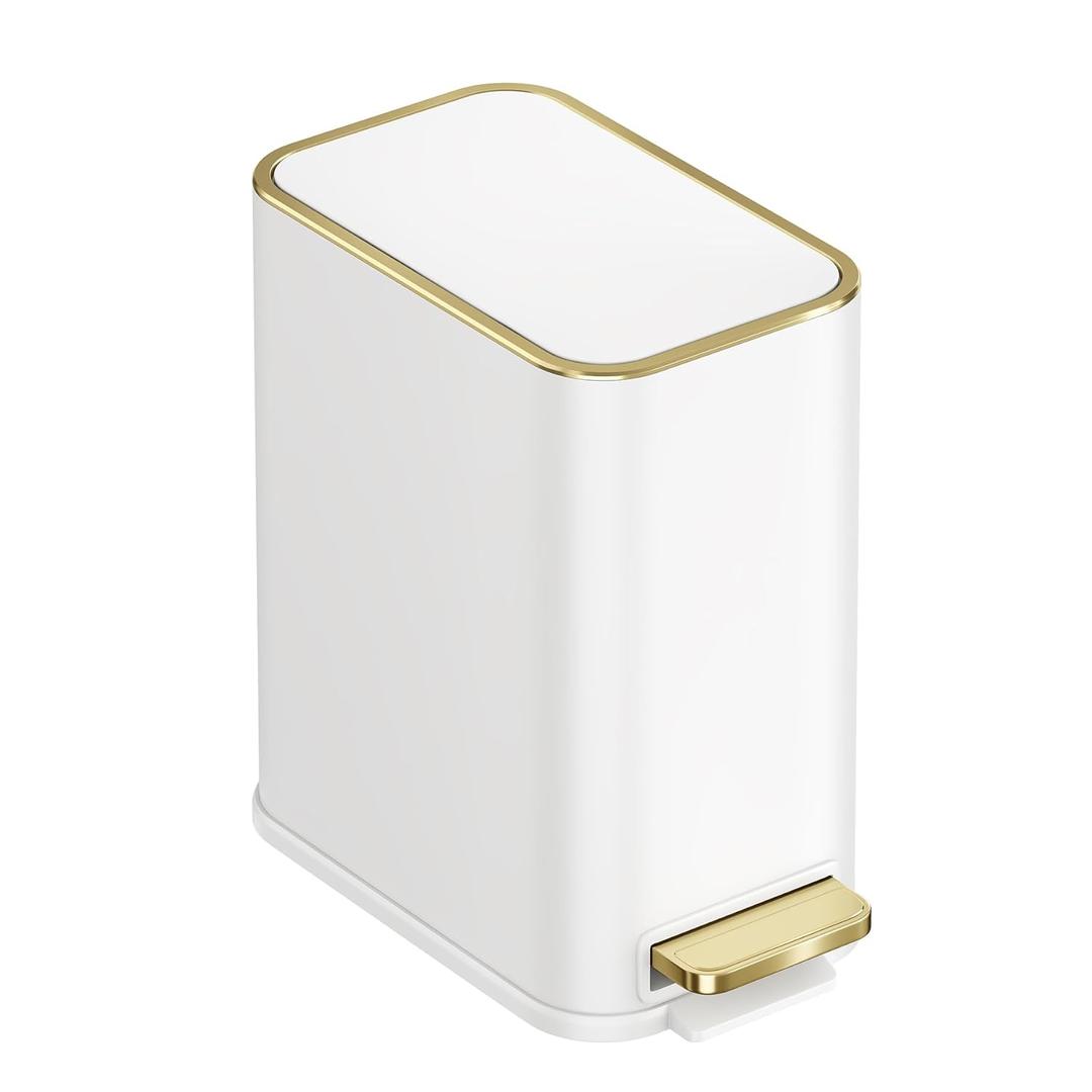 TIPGO Small Bathroom Trash Can with Lid Soft Close, Step Pedal, 5 Liter / 1.3 Gallon Stainless Steel Trash Bin, Slim Garbage Cans for Toilet, Office, Bedroom (White)