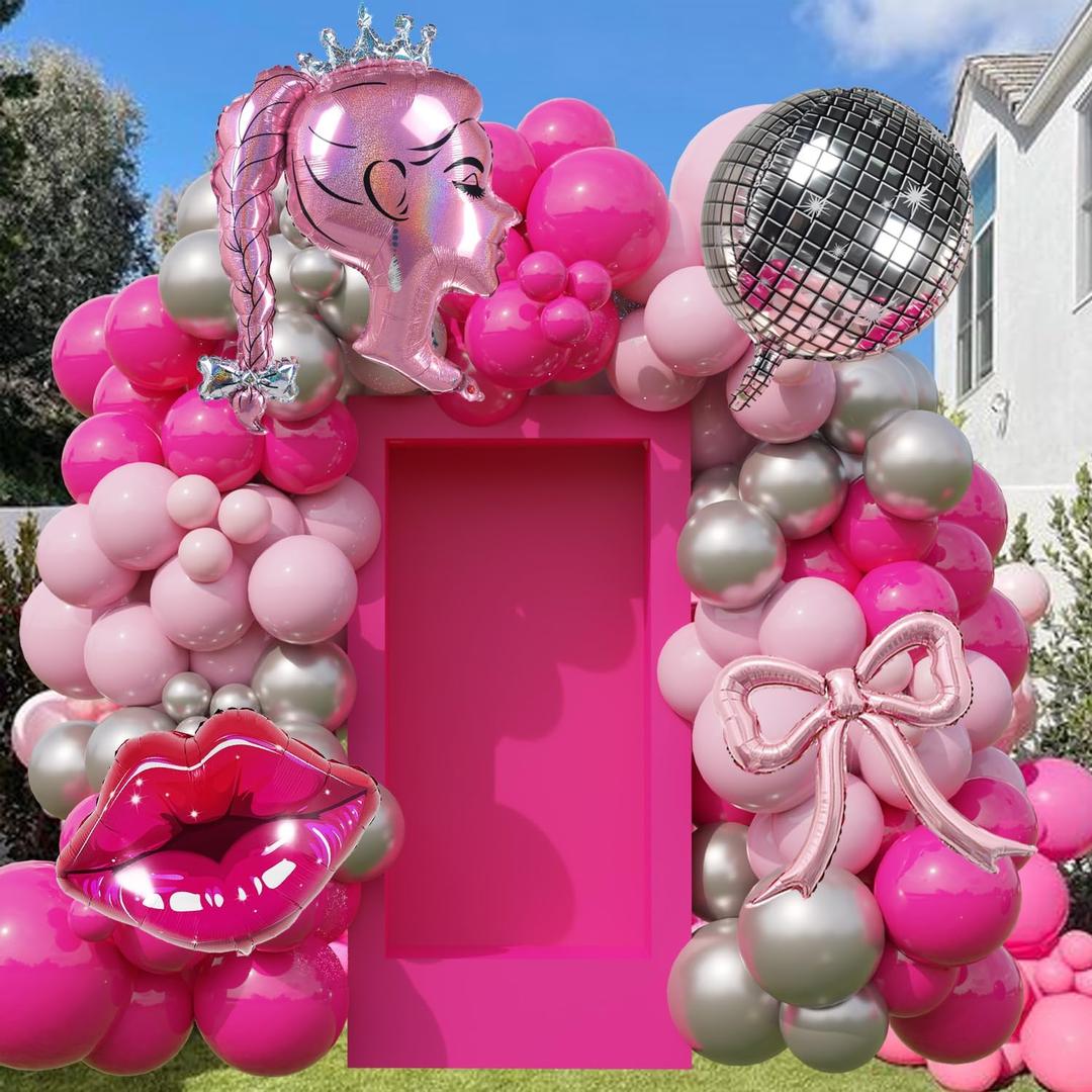 Hot Pink and Silver Balloon Garland Kit 120 Pcs Pink Crown doll Balloons Set for Princess, Cowgirl, Disco Themes for Girls, Women, Adult Coquette Bow Birthdays Princess Baby Showers decoration