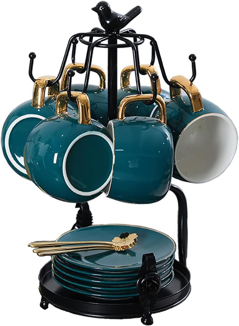 Coffee Mug Tree Holder Countertop,Metal Tea Cup Mug Holders with Small Storage Area Counter Top, Mug TeaCups Stand Rack Tree for Counter 6 Hooks(Black)