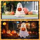 Retisee Lighted Halloween Ghost Dog Puppy with Pumpkin Outdoor Decoration Pre-lit 2D Tinsel Spooky Ghost Dog Halloween Lighted-up Party Courtyard Porch Garden Lawn Display Decor, Not Include Battery