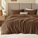 EXQ Home Fluffy Comforter Set Queen Size - Super Soft Faux Fur Stripe Jacquard Comforter 3 Pieces, Taupe Brown Fleece Bedding Set,Winter Warm Bed Set,1 Comforter with 2 Pillowcases