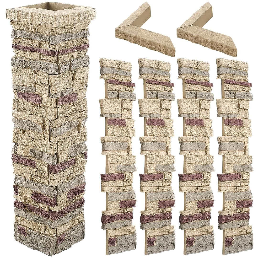 4 Piece 36'' x 6'' Stone Column Wrap with 2 Pieces 9'' x 6'' x 2'' Post Caps Faux Stone Column Wrap(Gray)