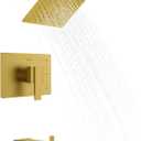 KENES Brushed Gold Tub and Shower Trim Kit, Square Tub Shower Faucet Set Complete with 6-Inch Rainfall Shower Head and Tub Spout, KE-6025A-4 (Shower Valve Included)