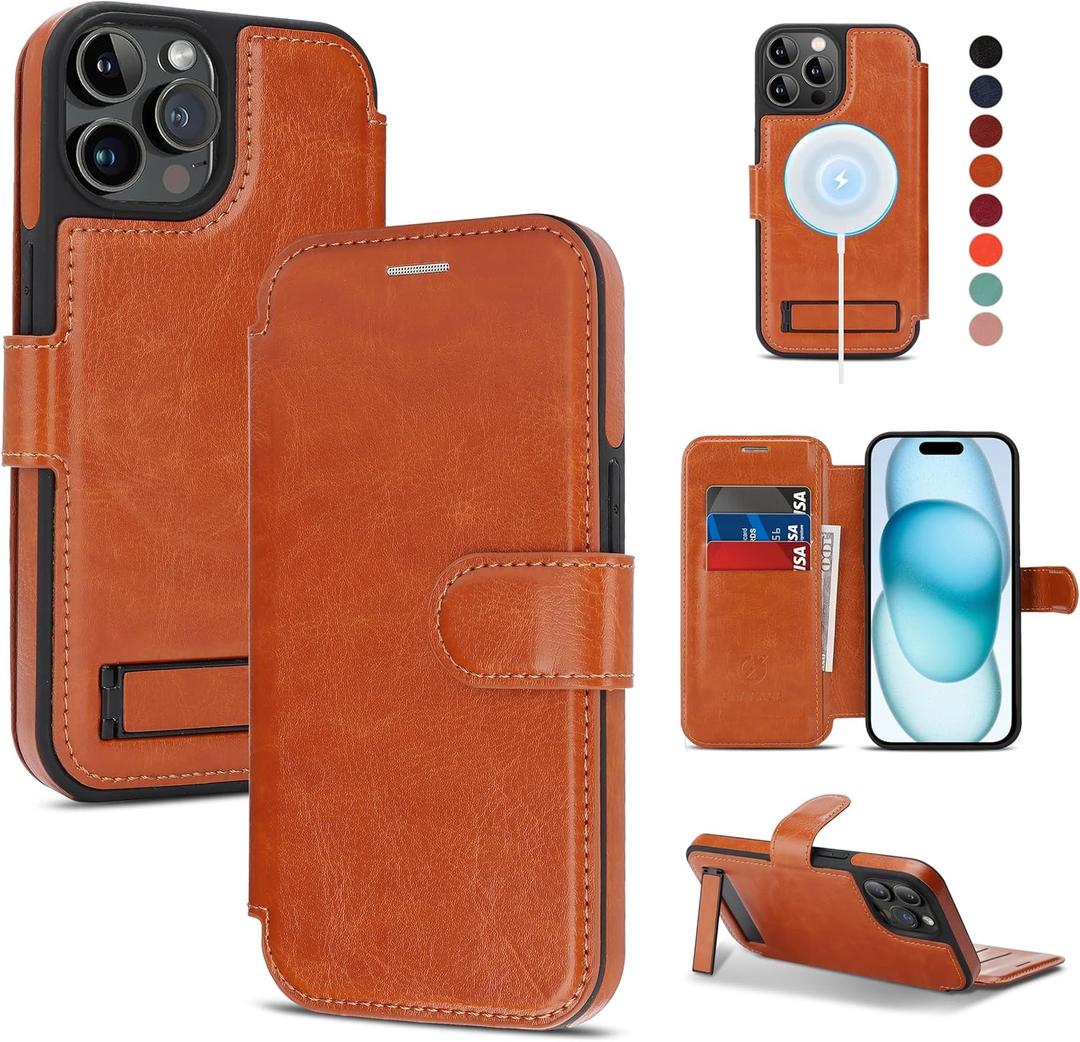 for iPhone 13 Pro Wallet Case with Stand,PU Leather Flip Credit Card Holder Slots (RFID Blocking),Compatible with Magsafe Magnetic Holder Phone Cover Women Men,Brown