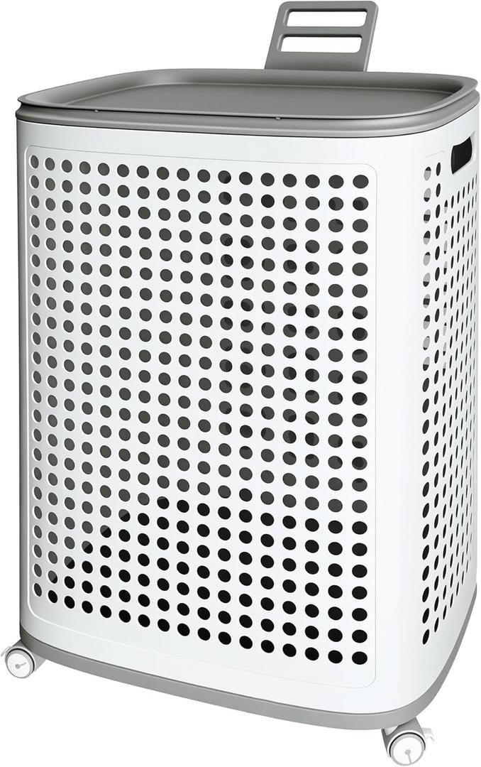 Laundry Basket with Wheels & Lid, Rolling Clothes Hamper for Laundry Room, College Dorm, Bathroom, Bedroom - Ventilated Plastic Storage Basket with Handle, White (Large)