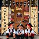 Pirate Themed Birthday Party Decorations Banner Beware of Pirate Porch Door Banner Directional Sign Treasure Hunt Map Party Decorations Sign Skull Pennant for Halloween Pirates Theme Party Supplies