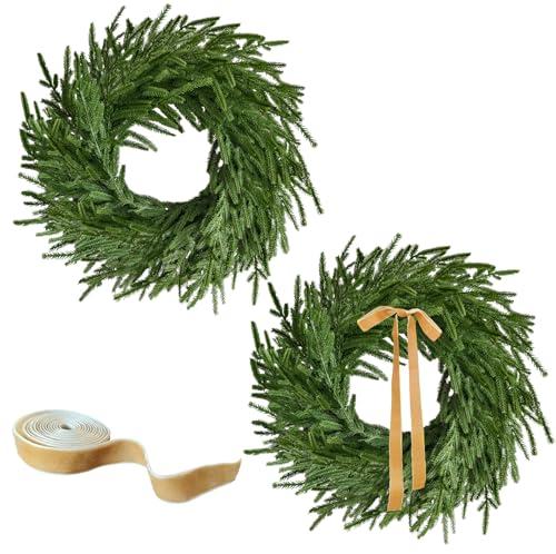 24 Inch Real Touch 2 Pcs Norfolk Pine Wreath Christmas Decorations for Front Door, Artificial Plants Green Christmas Wreath with Lights Home Decor, Xmas Decor for Mantel Wall Holiday Winter Decor
