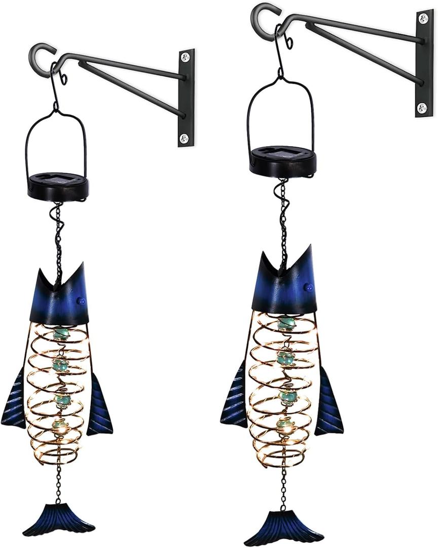 HONGLAND Patio Deals, Solar Lanterns Outdoor Waterproof, 2 Pack Metal Fish Lantern with Warm White LED Lights for Garden, Yard, Gifts for Fishermen & Holiday Decor