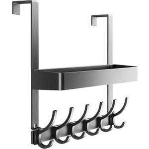 Inmorven Over The Door Hooks Organizer, Hanger Storage with 6 Hooks & 1 Mesh Baskets, Back of Door Storage for Towels, Coats, Clothes - Space Saving Hanging Rack for Bathroom,Living Room,Kitchen