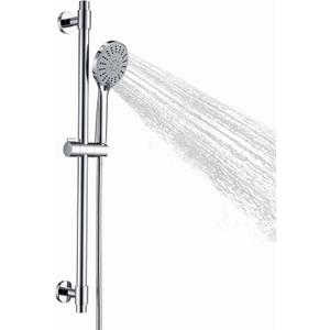 Adjustable Shower Slide Bar with 5-Function Handheld Shower Head, Stainless Steel Grab Slide Bar Combo with Extra Hose (Chrome)