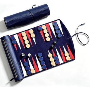 Travel Backgammon Set, Lightweight Roll-Up Leather Classic Board Game for Adults, Portable 2 Player Backgammon Chess Set, Ideal for Travel, Camping, Backpacking, Road & Air Trips, 13.98x9.8 Inch