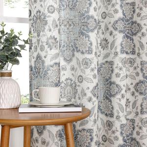 Blue Vintage Medallion Floral Print Grommet Window Curtain Panel 84 Inches Long Light Filtering Linen Blend Botanical Leaf Drapes for Bedroom and Living Room, Navy/Blue, 54" Wx84 L, 2 Panel