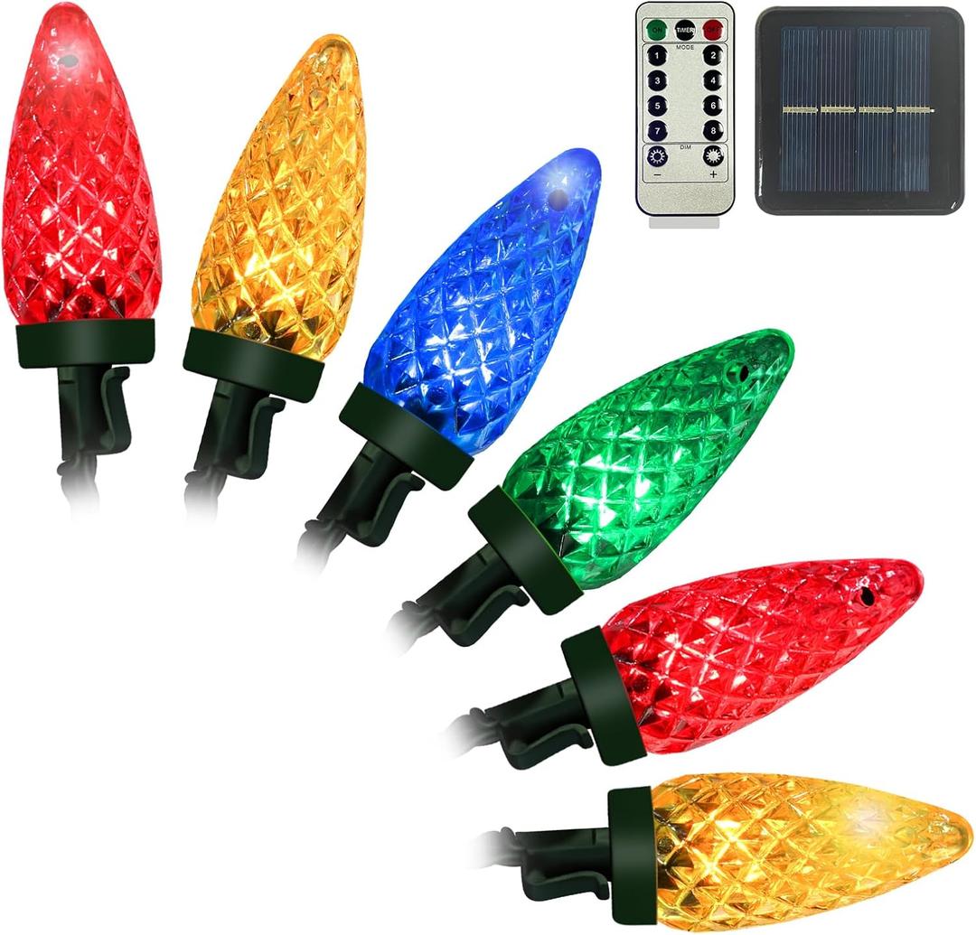 Anycosy Christmas Solar Lights, 32.8 Ft 50 LED C9 Christmas Lights with Timing Function, Waterproof and Connectable Plug for Home Party Garden Decor Outdoor Christmas Decorations, C9-50-SC