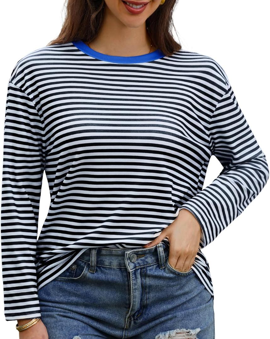 Gardenwed Long Sleeve Shirts for Women Striped Crewneck Loose Fit Basic Tops 2025 Fall T-Shirt (Blue, M)