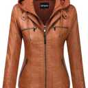 Springrain Women's Faux Leather Jacket Moto Biker Coat with Detachable Hood Motorcycle Jacket (XX-Large, Brown)