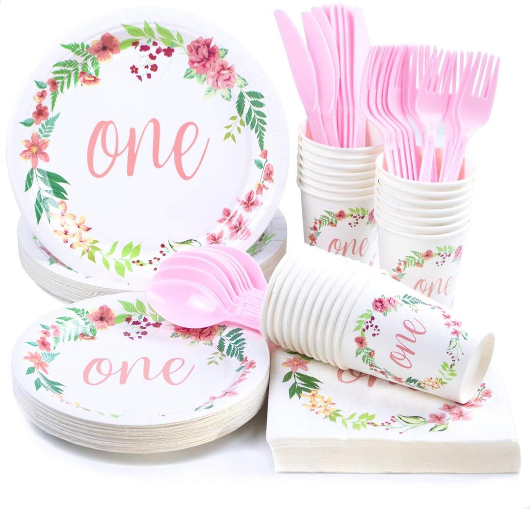 1st Birthday Decorations, Baby Shower Party Supplies, Disposable Paper Plates, Napkins, Cups, Knives, Spoons, Forks, Plastic Cutlery, Tableware Sets (Serves 24, 168 Pieces)