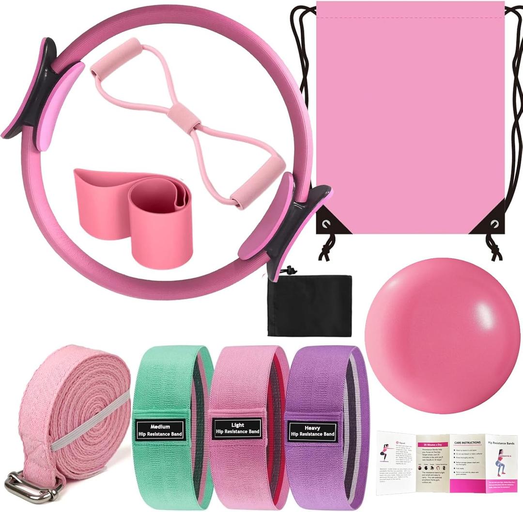 Pilates Essentials Kit for Women - Better Yoga Pilates Kit for Home Workouts with Pilates Ring and Ball Set, Booty Bands, Figure 8 Resistance Band, Yoga Bands for Stretching (Pink)