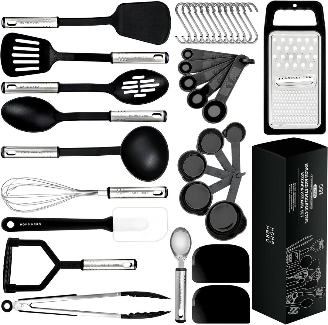 Home Hero Silicone Spatula Set - High-Heat Spatulas & Turners, Cooking Utensils - Ergonomic Steel Handles, Kitchen Tools - 35-Piece Cooking Utensils Set - Black