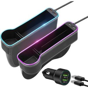 7 Color Led Car Seat Gap Organizer with 56W Fast Charger Car Organizer & Storage Front Seat Gap Filler with USB Cup Holder,Car Charger Storage Box fit for Android iPhone (Black)