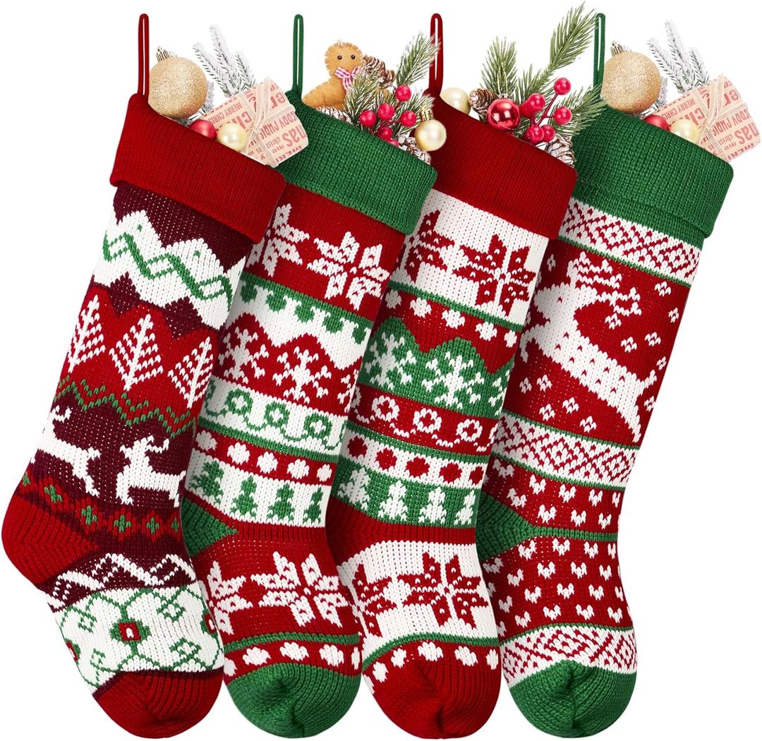 HiPeep 4Pcs Christmas Stockings, 18 Premium Large Knitted Christmas Stockings Reindeer Snowflake Stocking for Family, Holiday and Fireplace Party Decoration