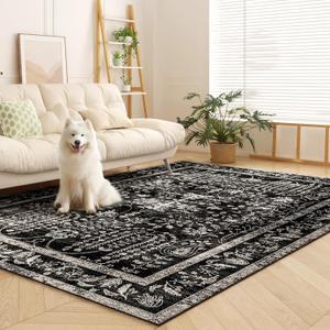 Area Rugs 5x7, Machine Washable Vintage Black Rugs for Living Room Large Carpets Indoor Floor Non Slip Distressed Rug Soft Area Rug for Bedroom Dining Room Home Office | Black