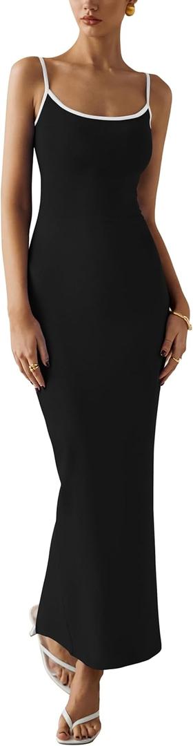 dowerme Women's Summer Bodycon Dress 2025 Casual Spaghetti Straps Scoop Neck Slit Knitted Maxi Holiday Beach Dresses, L