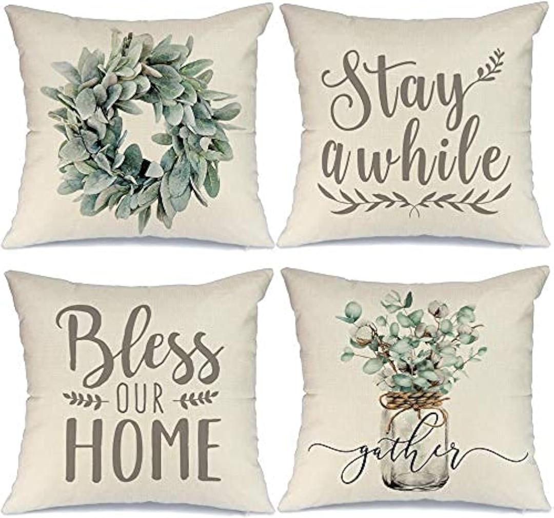 Farmhouse Decor Pillow Covers 16x16 Inch Set of 4 Lamb's Ear Grapevine Wreath Eucalyptus Vase Decorative Throw Pillow Covers Bless our Home Pillowcase Farm Decorations Pillow Case for Couch Sofa