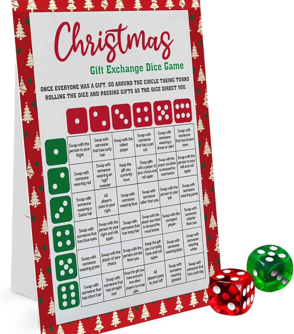Exchange Dice Game, One Instruction Standing Sign with 2 Dice, Christmas Group Party Game, Xmas Gift Swap Game-SDGE02