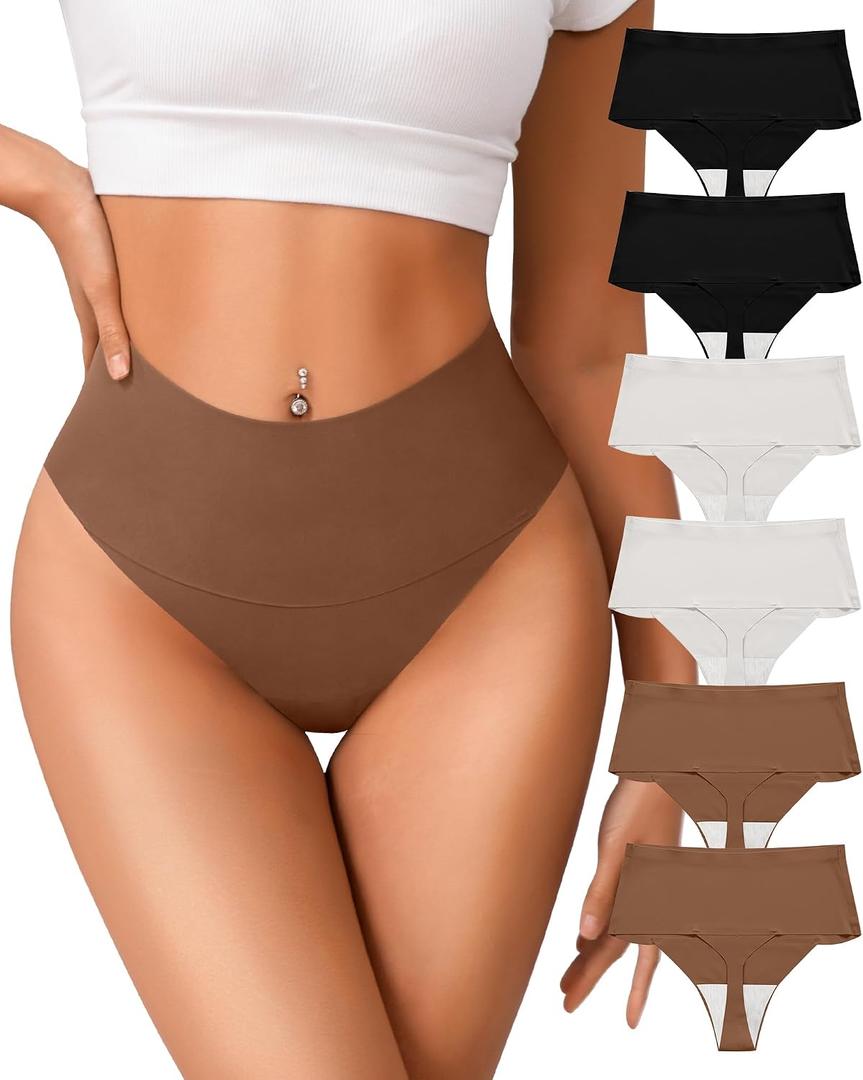 High Waisted Thongs Underwear for Women Seamless No Show Panties Soft Tagless High Cut Ladies Thong 6 Pack (XL)