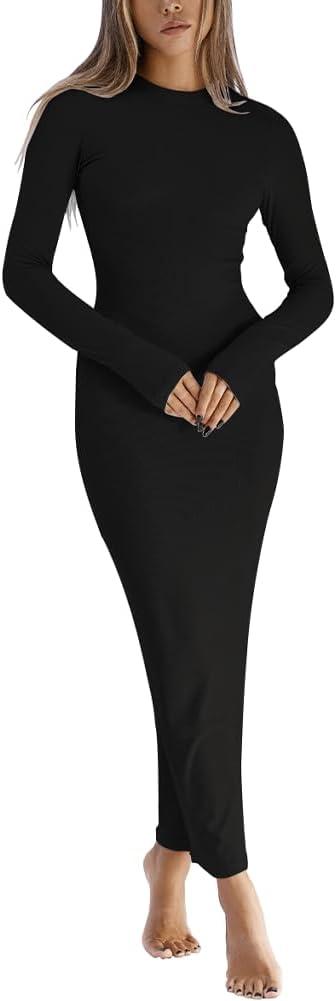 Dressmine Women Long Sleeve Bodycon Maxi Dresses Sexy Wedding Party Pencil Dress Fall Trendy Casual Ribbed Midi Dress (Medium, Black)