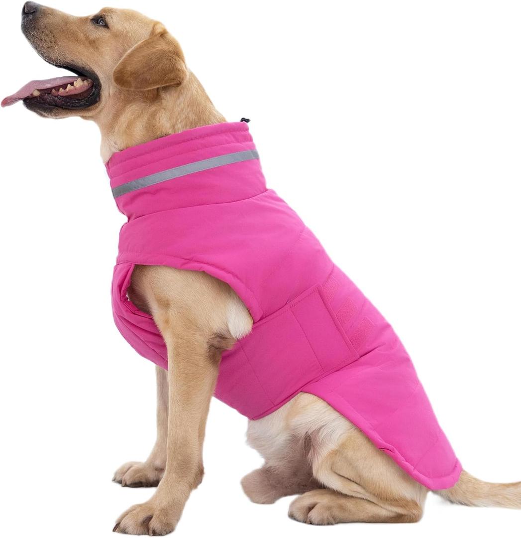 Mklhgty Waterproof Dog Coat for Large Dogs, Warm Dog Winter Jacket, Reflective Windproof Turtleneck Coats with Adjustable Hook & Loop - Pink - XL (XL: 56-95lbs)