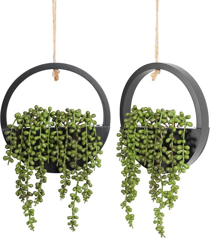 Floweroyal 2pcs Artificial Succulents Hanging Plants 12.2'' Fake String of Pearls in Pot with 8.3'' Lanyard for Indoor Outdoor Wall Decor (Black)