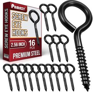 16pcs Screw Eyes, 2.56 Inch Black Eye Hooks Screw Self Tapping Eye, Heavy Duty Eye Bolt for Wood Securing Cables Wire, Hammock Stand, Indoor & Outdoor Use