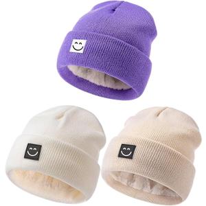 Hispeka Baby Beanie Hat 3 Packs with Cute Smiley Face, Toddler Girls Boys Baby Hats Winter, Kids Winter Hat Cold Weather Beige & White & Purple