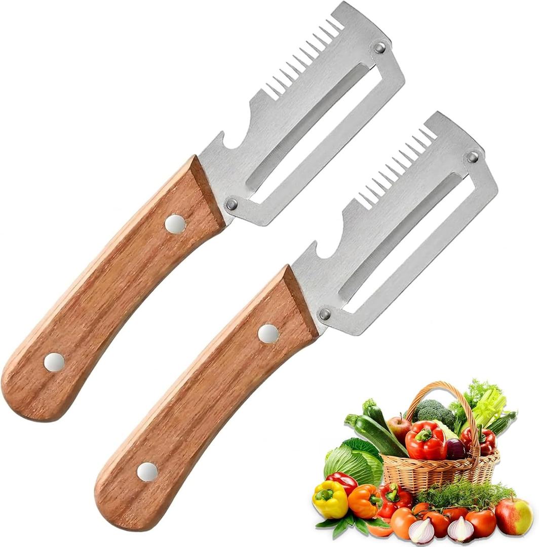 2 x Vegetable Peeler for Kitchen Multifunctional Stainless Steel Peeler with Wooden Handle & Bottle Opener, Durable for Fruits and Vegetables