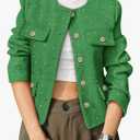 Women's Tweed Blazers Trendy Fall Casual Collarless Button Down Sequin Tops Cropped Jackets with Pockets,L