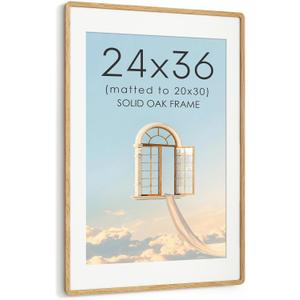 24x36 Picture Frame, USA-Sourced Oak Wood Photo Frame with Chamfered Edge & Double-Dowel Corner, Handcrafted 24x36 Wooden Poster Frame Matted to 20x30 Photos with HD Tempered Glass