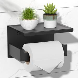 HITSLAM Toilet Paper Holder with Shelf, Stick on Matte Black Toilet Paper Roll Holder, Self Adhesive or Wall-Mount with Screws for Bathroom,Washroom (Medium)