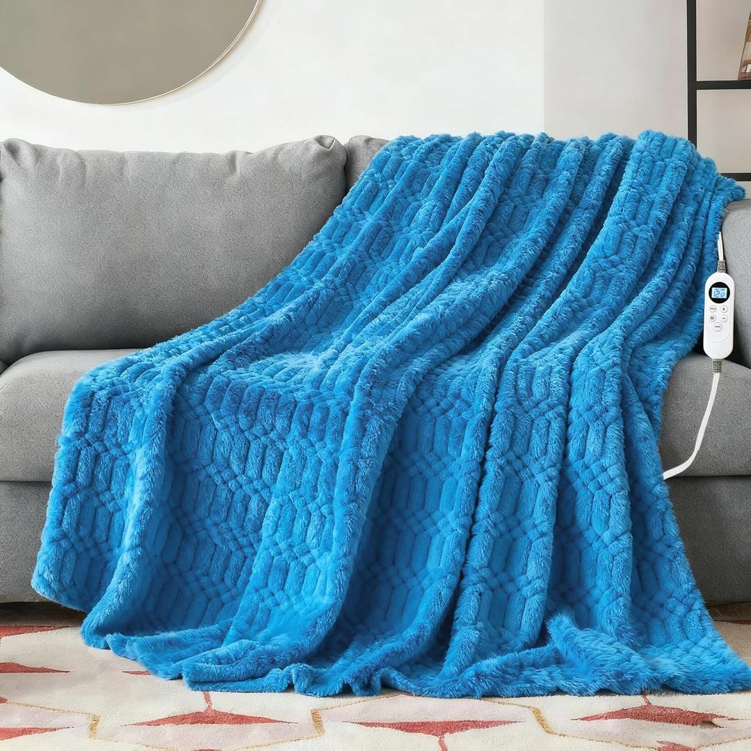 Heated Blanket Flannel Throw Blanket, 50"*60" Electric Heating Blanket with ETL & FCC & 12 Heating Levels & Auto Shut OffMachine Washable Blue