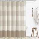 WOUVMA Boho Shower Curtains for Bathroom with Tassels Brown Farmhouse Striped Shower Curtain Beige Rustic Linen 72x72 Inches