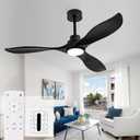 52 Inch Solid Wood Ceiling Fans with Lights and Remote, 3 Blade Black Outdoor Ceiling Fan with Wall Control, Dimmable, 6 Speeds, Noiseless DC Motor for Bedroom/Patios/Farmhouse/Living Room