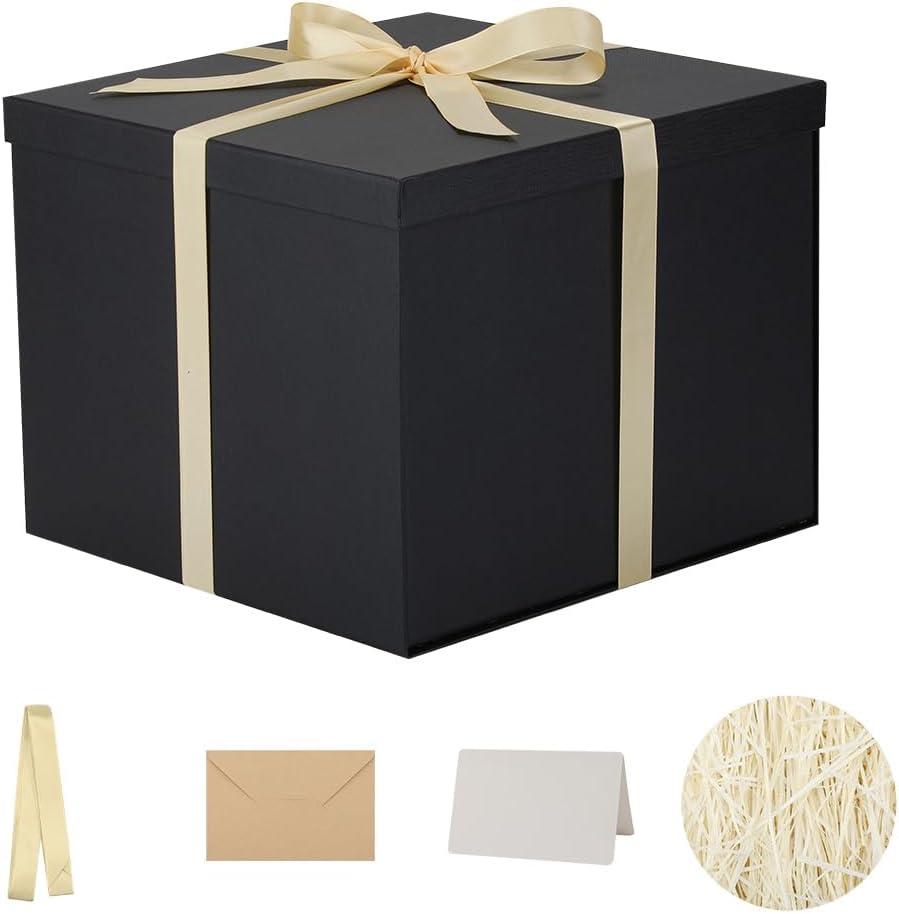 Large Gift Box with Lid 12.5x12.5x10 Inches, Black Gift Boxes for presents Packaging for Birthdays, Valentine's Day, Christmas, Anniversaries (Include Shredded Paper Fill, Envelope Card Ribbon)