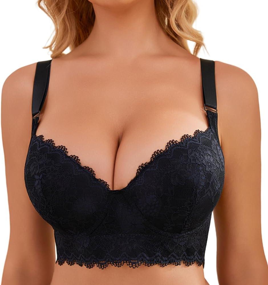 Push Up Bras for Women Lace Underwire Add One Cup Bra with Support Smoothing Bra(34B-46DD) (Black)