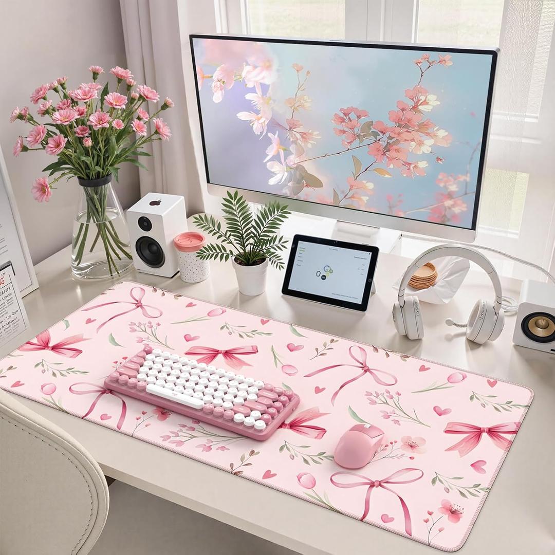 HAOCOO Pink Coquette Desk Mat, Cute Large Mouse Pad for Keyboard, Non-Slip Waterproof Desk Pad, Office Desktop Mat with Stitched Edges, Desk Decor for Women Office Aesthetics